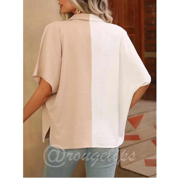 Loose Fitting Color Block 2 Tone Button Up Down Shirt Batwing Sleeve Tan Beige - Picture 4 of 7